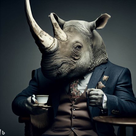 Distinguished rhino delicately holding a cup of tea